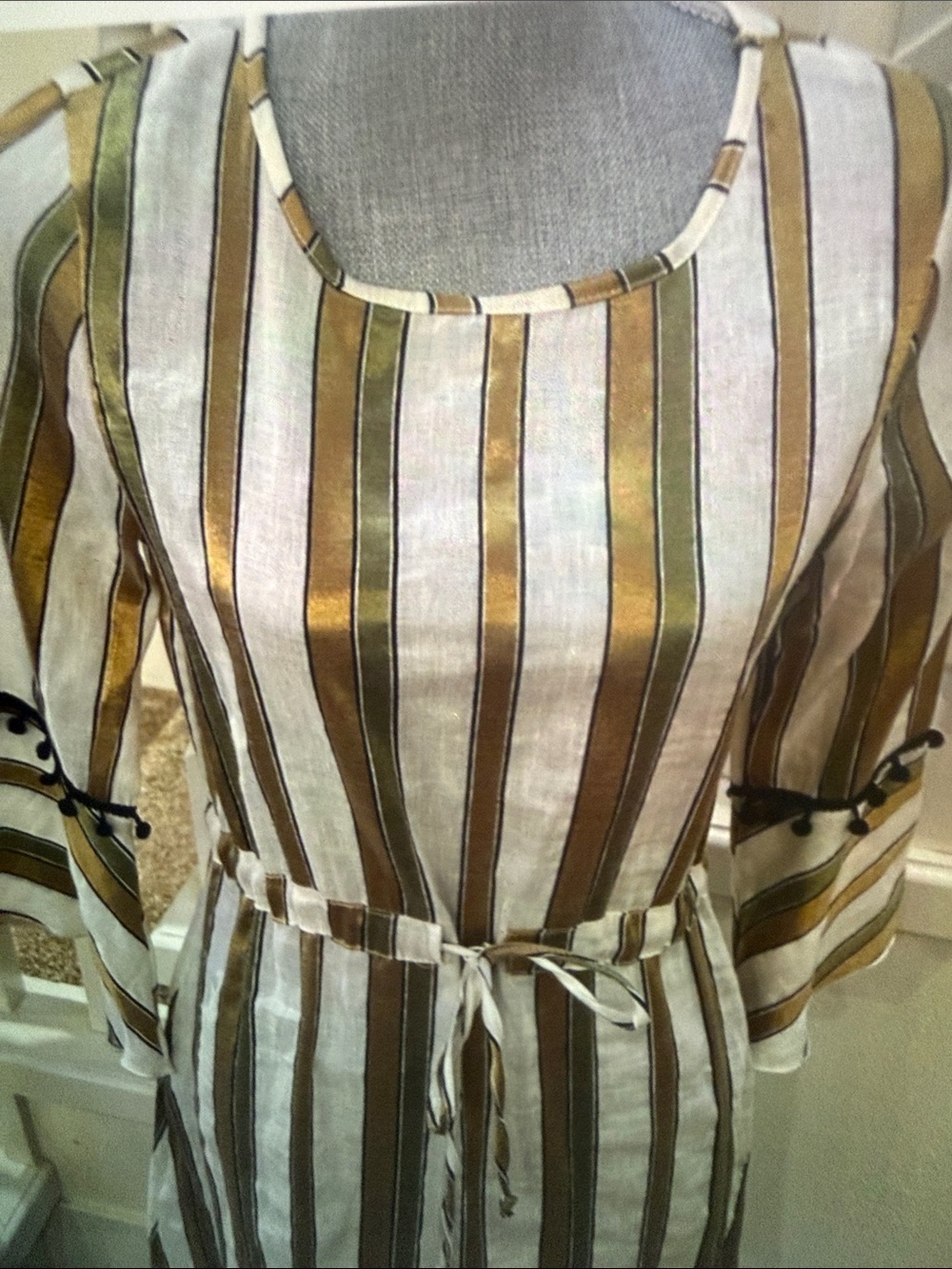 Striped Scoop-Neck Belted Midi Dress in White and Olive
